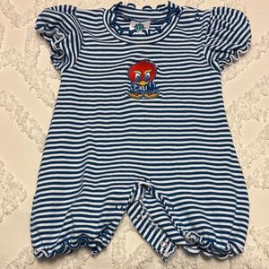KANSAS JAYHAWKS BABY BLUE STRIPE PUFF SLEEVE SHORT SLEEVE ONE PIECE, 12 month